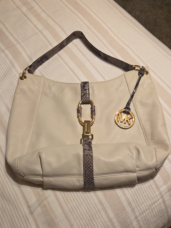 Michael Kors Handbags - Michael Kors Cream Leather Shoulder Bag with Snake-Trim Accents